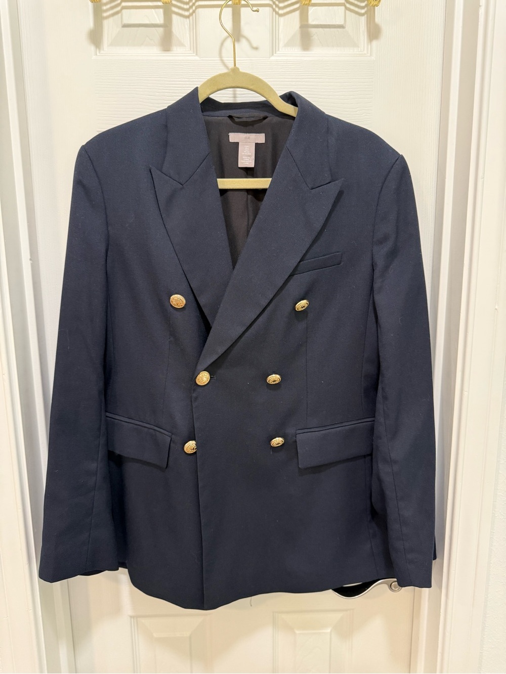 H&M Women’s Navy Double Breasted Oversized Blazer Jacket Gold Buttons Size S EUC